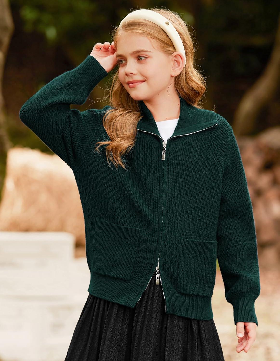 imageGRACE KARIN Girls Sweater Cardigan Uniform Zip Up Knit Fall Kid Jacket Size 614Dark Green
