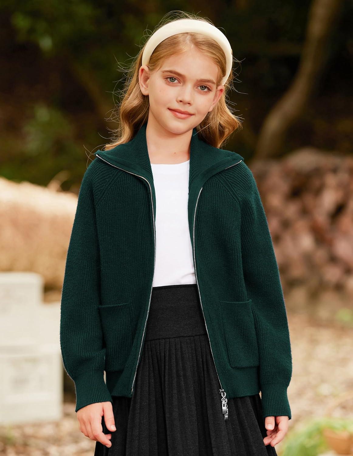 imageGRACE KARIN Girls Sweater Cardigan Uniform Zip Up Knit Fall Kid Jacket Size 614Dark Green