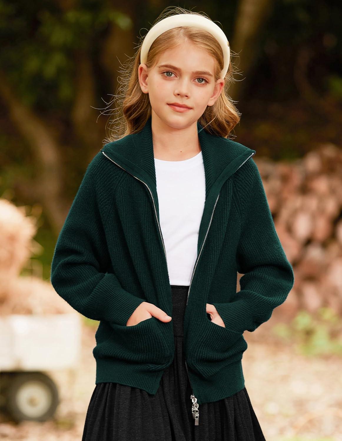 imageGRACE KARIN Girls Sweater Cardigan Uniform Zip Up Knit Fall Kid Jacket Size 614Dark Green