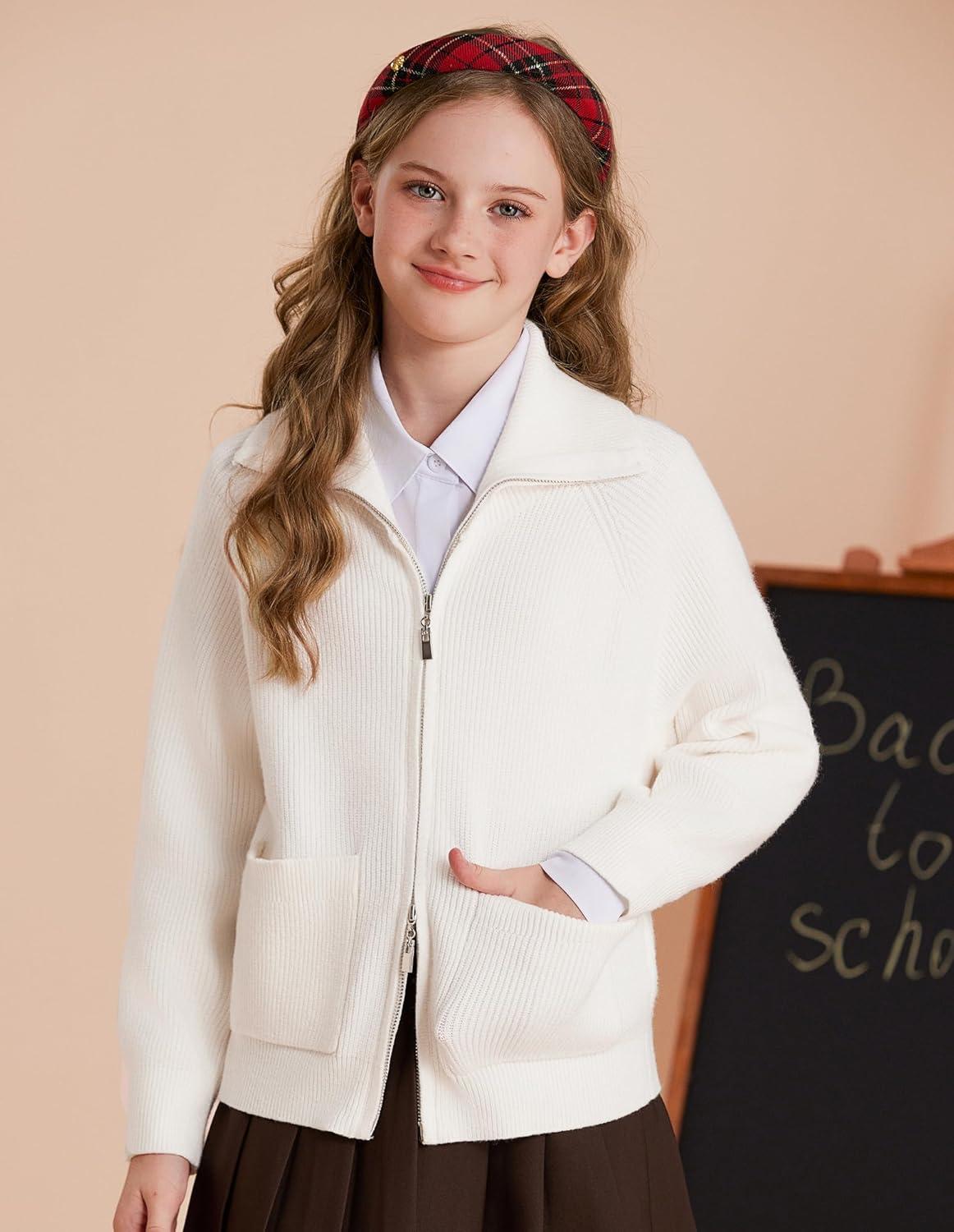 imageGRACE KARIN Girls Sweater Cardigan Uniform Zip Up Knit Fall Kid Jacket Size 614White