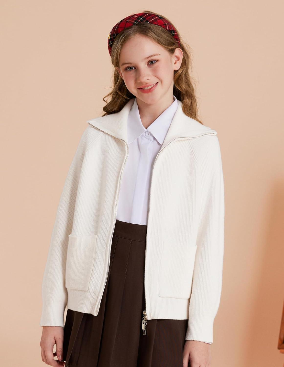 imageGRACE KARIN Girls Sweater Cardigan Uniform Zip Up Knit Fall Kid Jacket Size 614White
