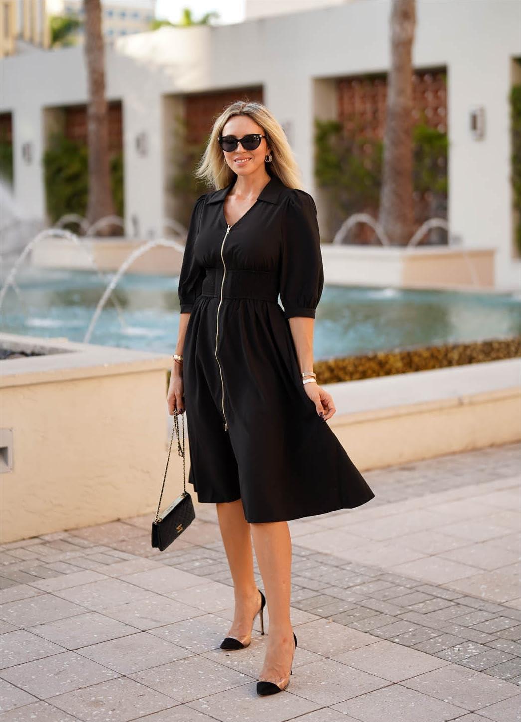 imageGRACE KARIN Womens Summer Midi Dress 2026 A Line Business Office Work Dress Fit and Flare Zipper 34 Sleeve Dress Casual with Pockets