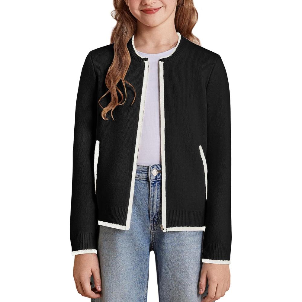 imageGRACE KARIN Girls Cardigan Knit Zip Uniform Sweater School Winter with Pockets 614YBlack