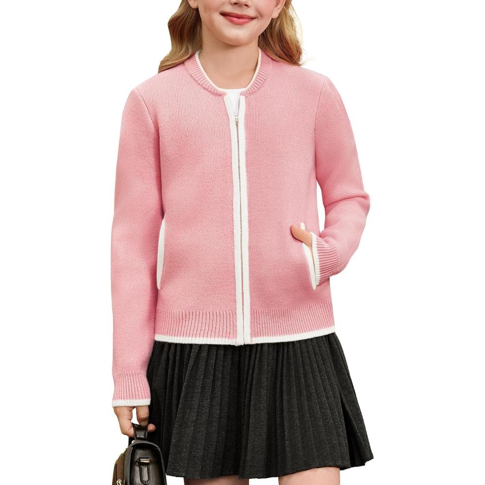 imageGRACE KARIN Girls Cardigan Knit Zip Uniform Sweater School Winter with Pockets 614YPink