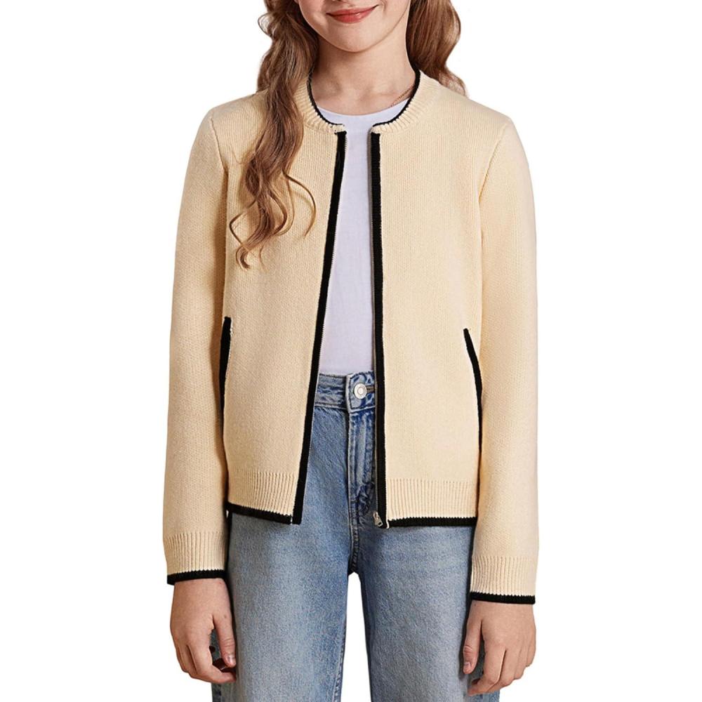 imageGRACE KARIN Girls Cardigan Knit Zip Uniform Sweater School Winter with Pockets 614YWhite