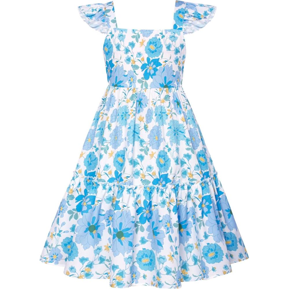 imageGRACE KARIN Girls Floral Dress Tie Back Flutter Sleeves Casual Summer Dress for 512YBlue Flowers