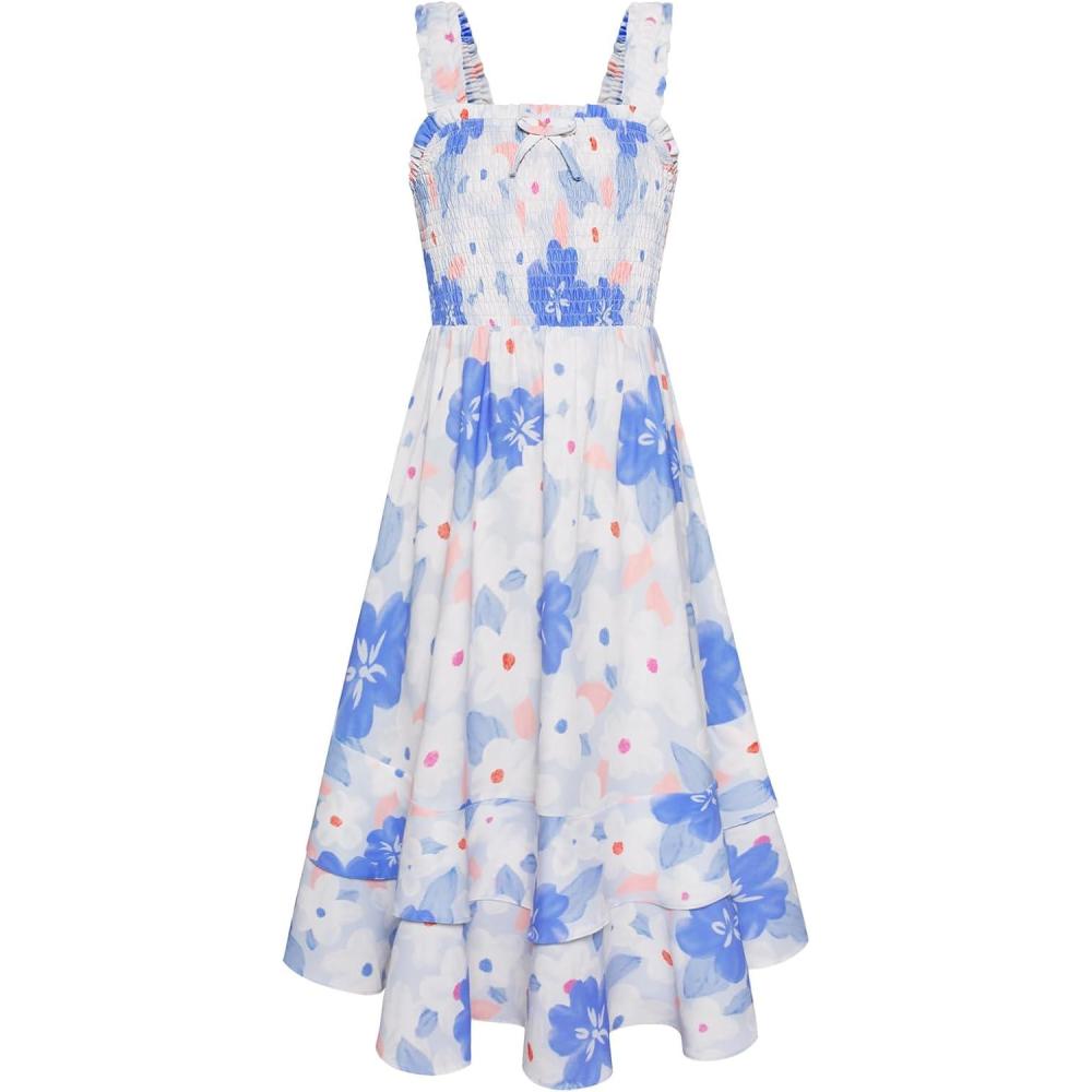 imageGRACE KARIN Girls Floral Maxi Dress Square Neck Wide Straps Smocked Summer Spring Flowy Dress 514YBlue Floral