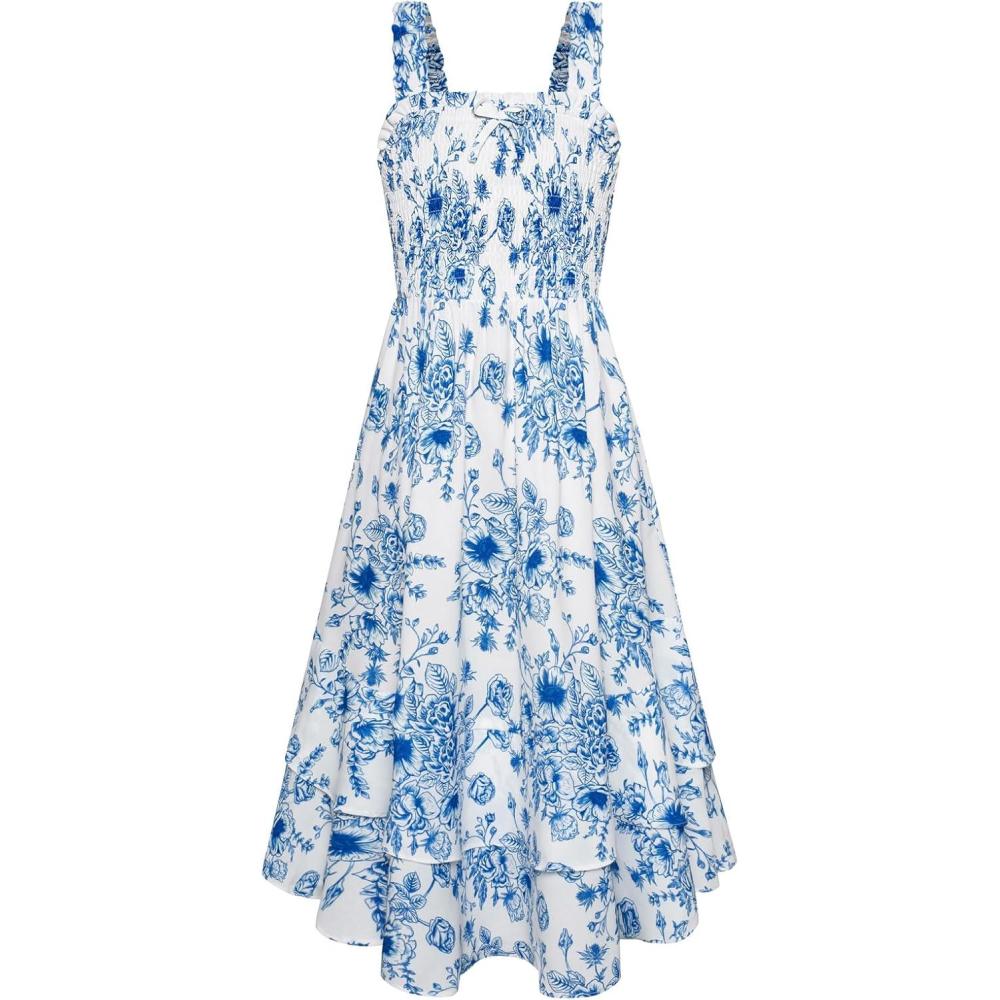 imageGRACE KARIN Girls Floral Maxi Dress Square Neck Wide Straps Smocked Summer Spring Flowy Dress 514YBlue White Floral