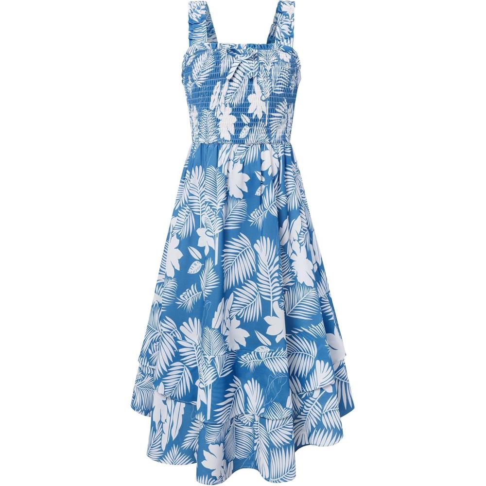 imageGRACE KARIN Girls Floral Maxi Dress Square Neck Wide Straps Smocked Summer Spring Flowy Dress 514YDark Blue Tropical