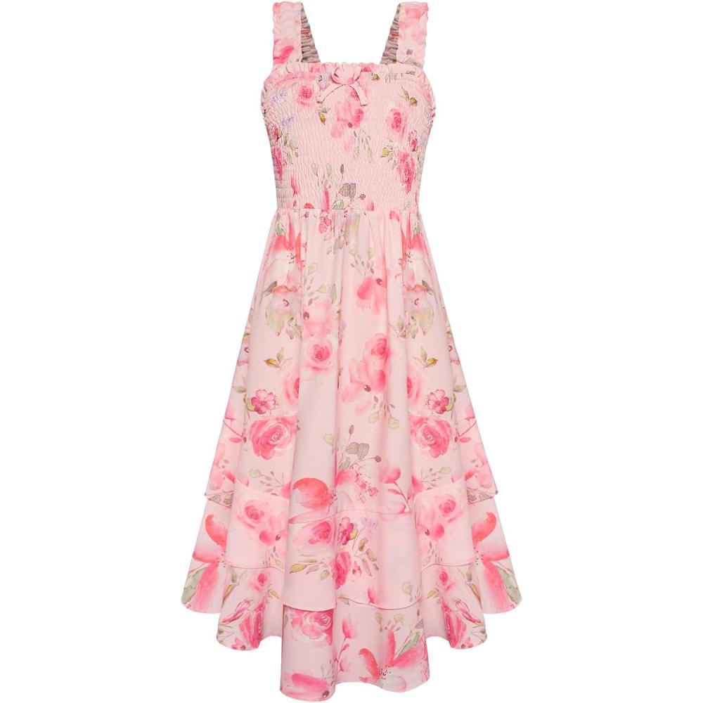 imageGRACE KARIN Girls Floral Maxi Dress Square Neck Wide Straps Smocked Summer Spring Flowy Dress 514YLight Pink Floral