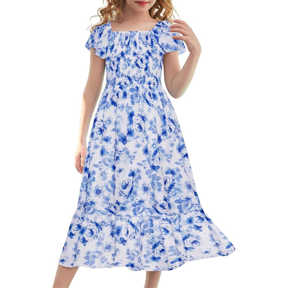 imageGRACE KARIN Girls Flutter Sleeve Floral Dresses Girl Long Midi Spring Dress Kids Smocked Flare Summer Dress 616YBlue and White Floral