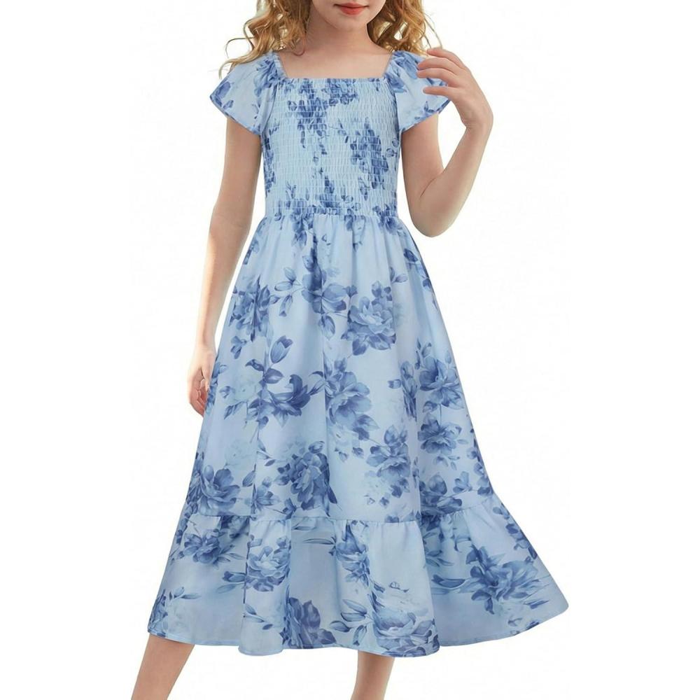 imageGRACE KARIN Girls Flutter Sleeve Floral Dresses Girl Long Midi Spring Dress Kids Smocked Flare Summer Dress 616YDark Blue Floral