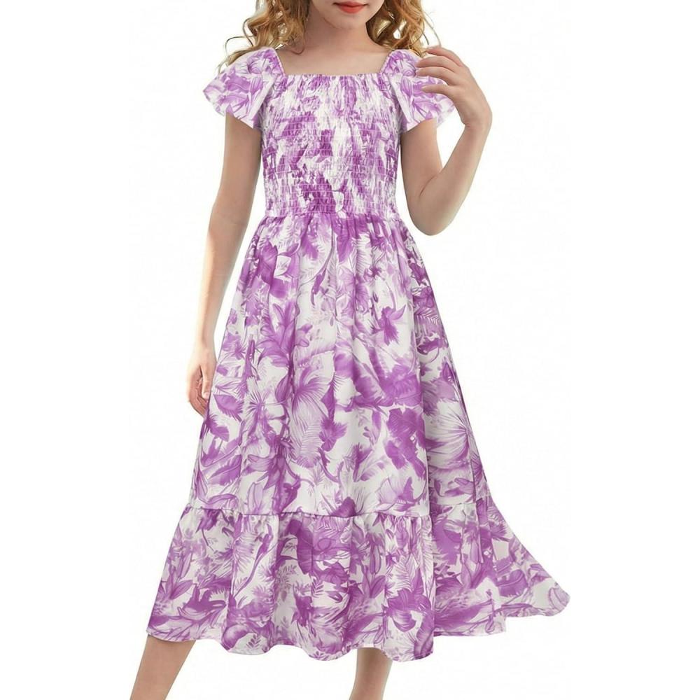 imageGRACE KARIN Girls Flutter Sleeve Floral Dresses Girl Long Midi Spring Dress Kids Smocked Flare Summer Dress 616YDark Purple Floral