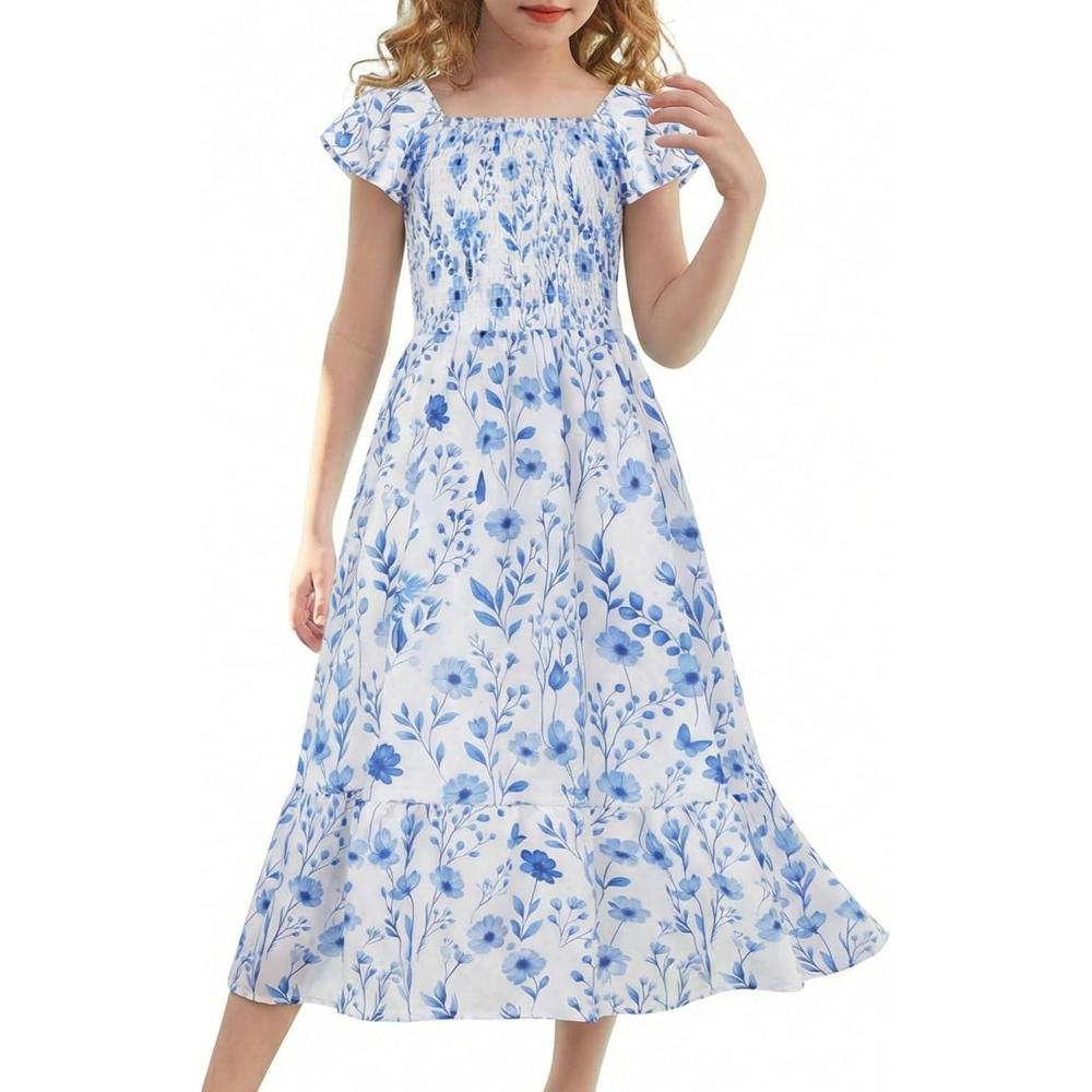 imageGRACE KARIN Girls Flutter Sleeve Floral Dresses Girl Long Midi Spring Dress Kids Smocked Flare Summer Dress 616YDusty Blue Floral
