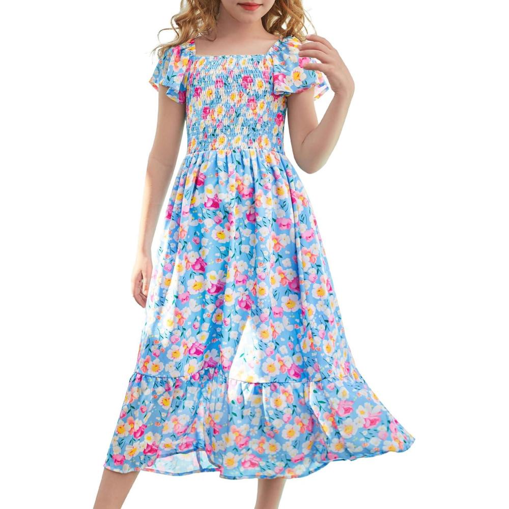 imageGRACE KARIN Girls Flutter Sleeve Floral Dresses Girl Long Midi Spring Dress Kids Smocked Flare Summer Dress 616YFlowers on Blue