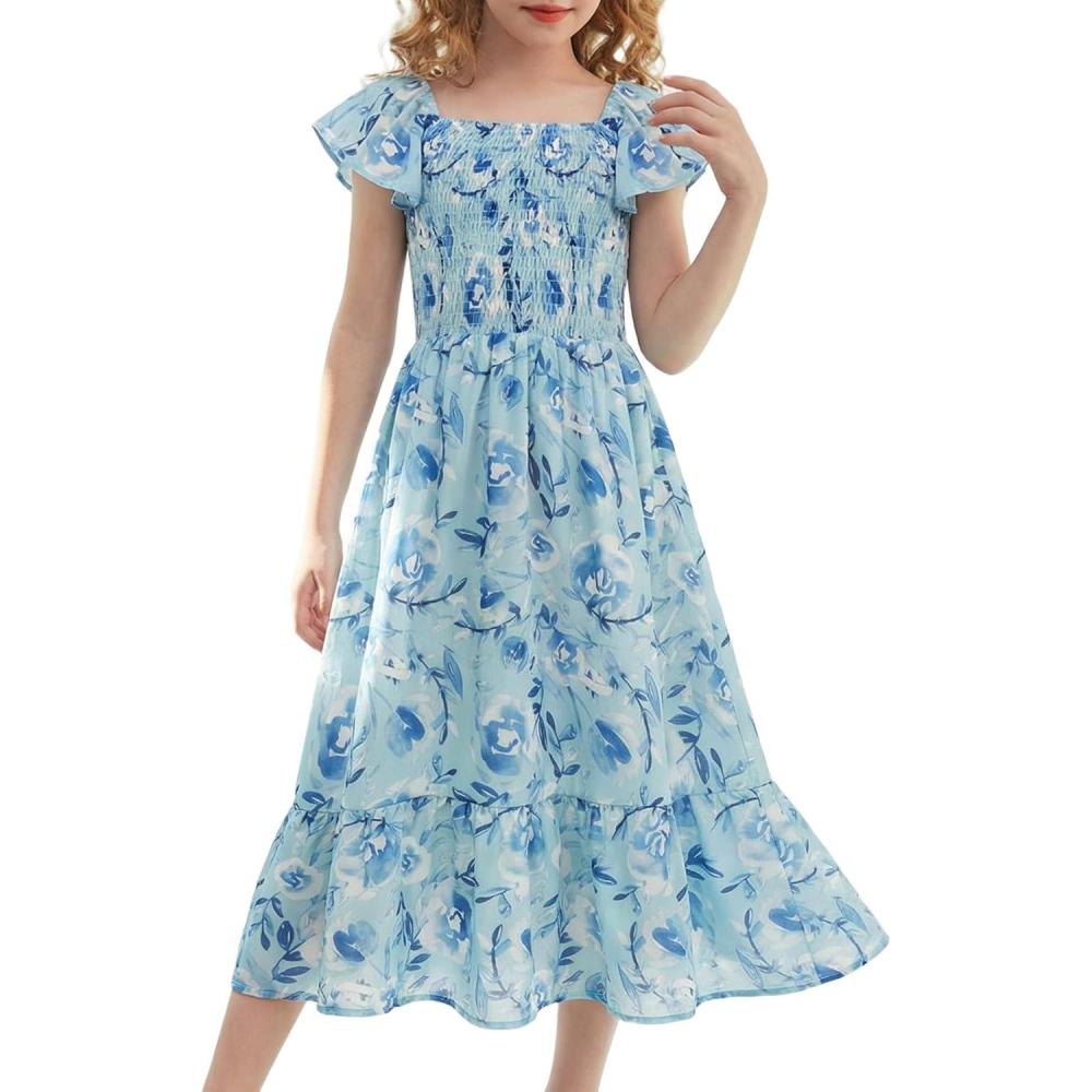 imageGRACE KARIN Girls Flutter Sleeve Floral Dresses Girl Long Midi Spring Dress Kids Smocked Flare Summer Dress 616YGreen Blue Floral
