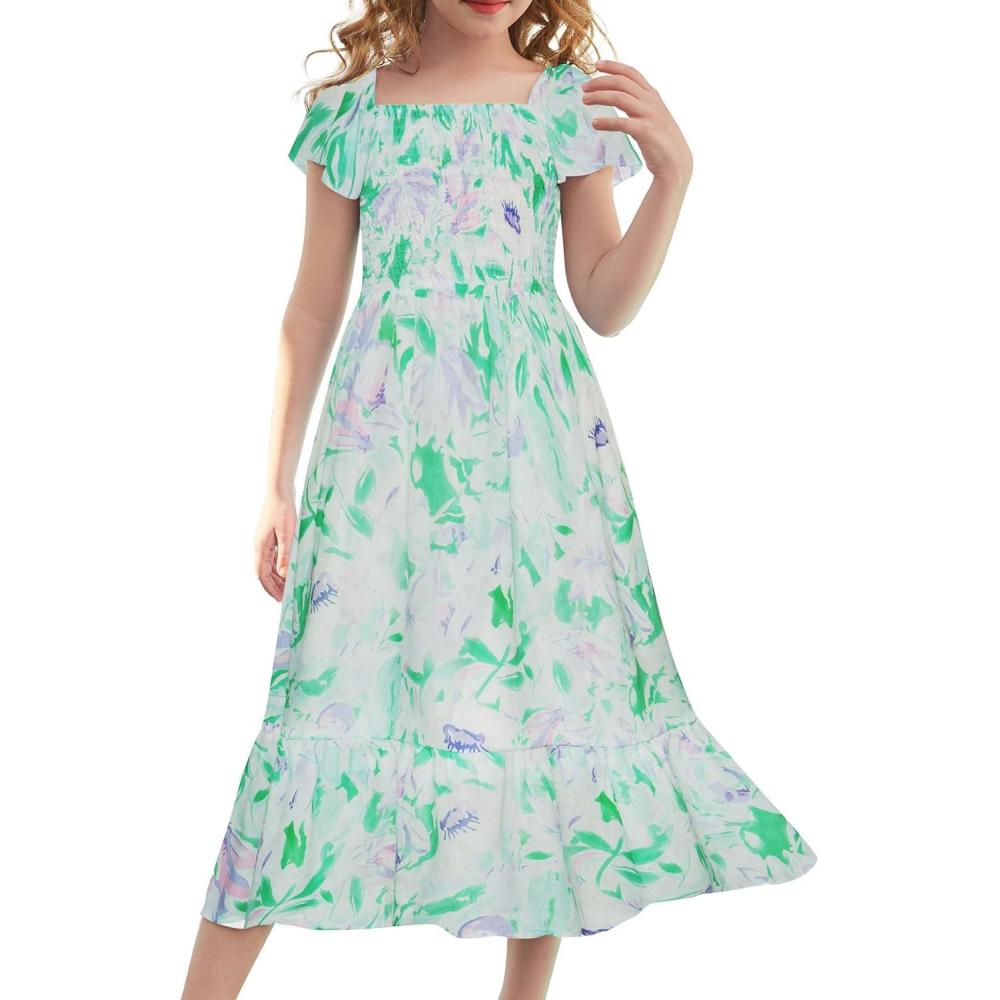 imageGRACE KARIN Girls Flutter Sleeve Floral Dresses Girl Long Midi Spring Dress Kids Smocked Flare Summer Dress 616YGreen Floral