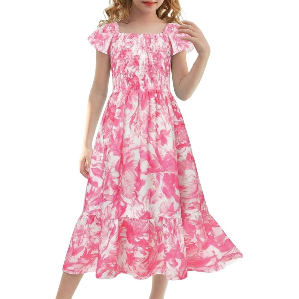 imageGRACE KARIN Girls Flutter Sleeve Floral Dresses Girl Long Midi Spring Dress Kids Smocked Flare Summer Dress 616YHot Pink Floral