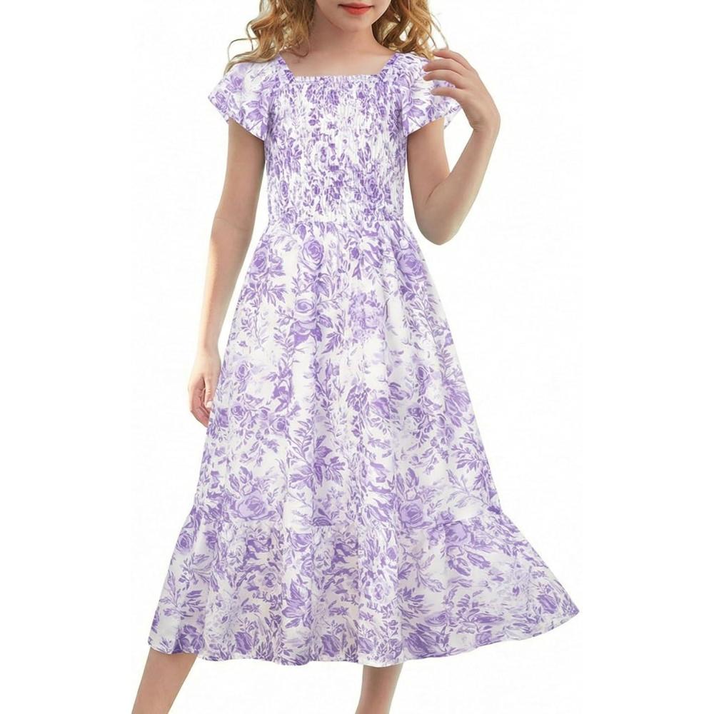 imageGRACE KARIN Girls Flutter Sleeve Floral Dresses Girl Long Midi Spring Dress Kids Smocked Flare Summer Dress 616YLavender Floral