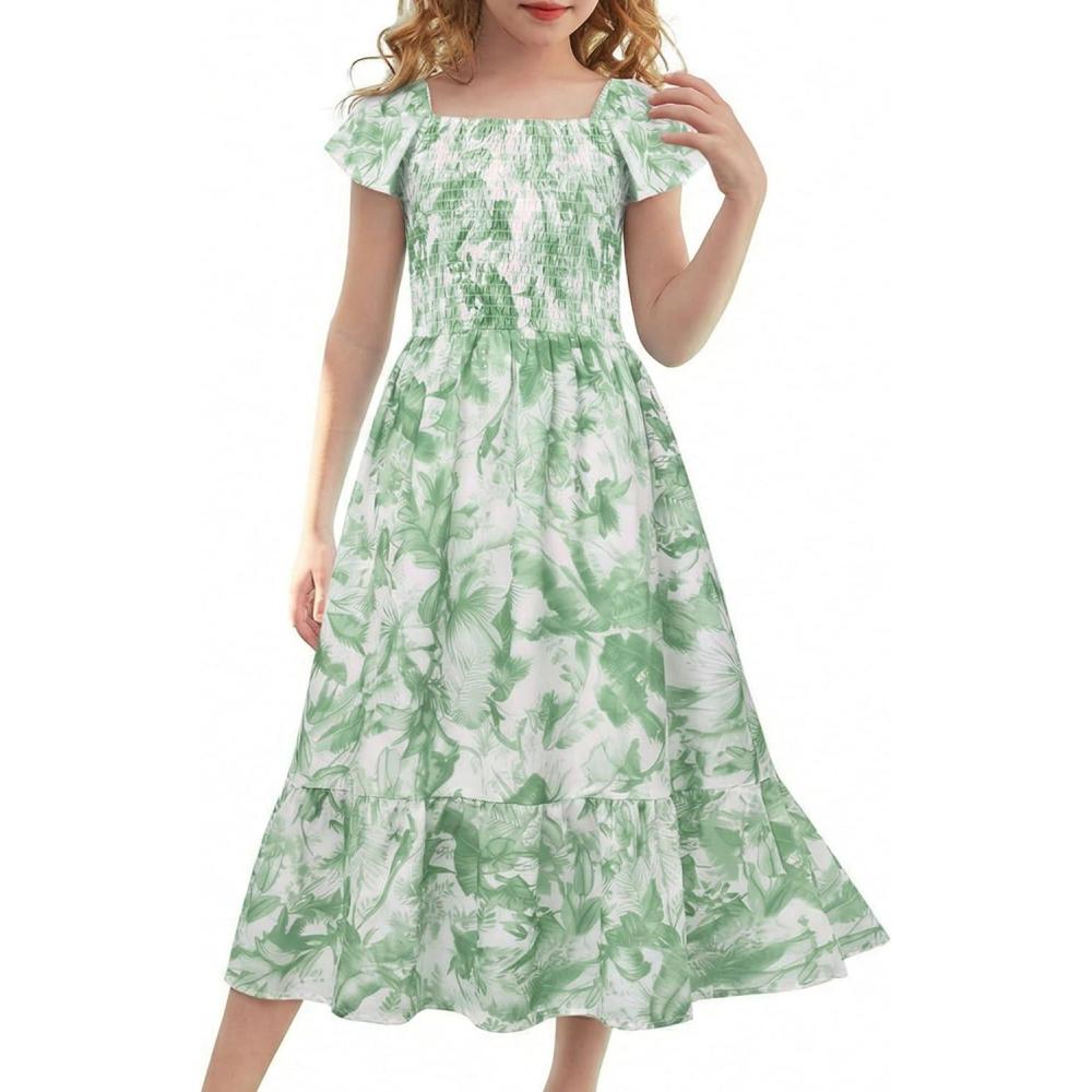 imageGRACE KARIN Girls Flutter Sleeve Floral Dresses Girl Long Midi Spring Dress Kids Smocked Flare Summer Dress 616YSage Green Floral