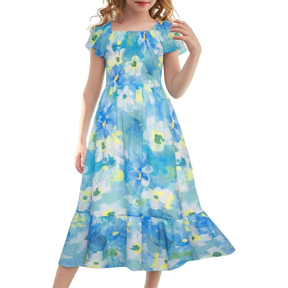 imageGRACE KARIN Girls Flutter Sleeve Floral Dresses Girl Long Midi Spring Dress Kids Smocked Flare Summer Dress 616YTeal Floral