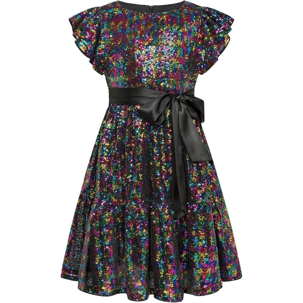 imageGRACE KARIN Girls Formal Party Dress Sequin Birthday Fancy Dresses Wedding Guest Dance Ruffle Dress Size 614Black Multicolor