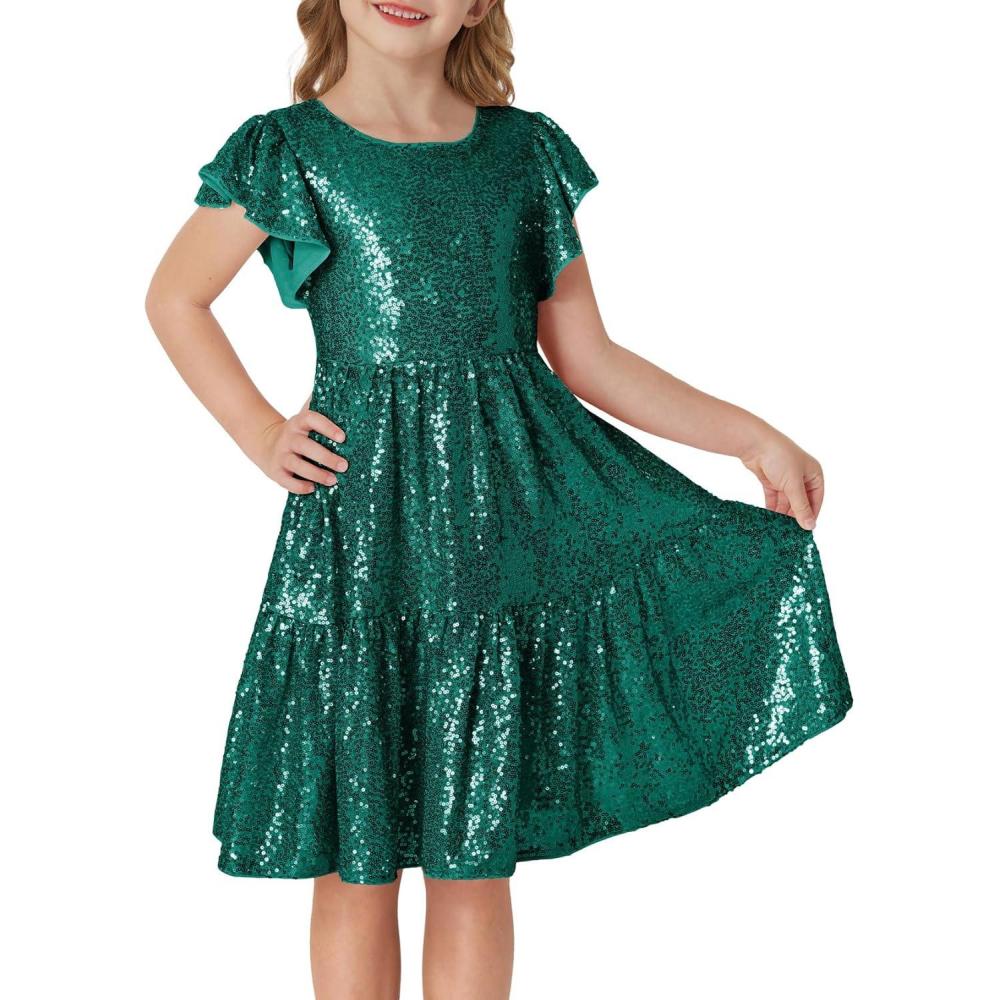 imageGRACE KARIN Girls Formal Party Dress Sequin Birthday Fancy Dresses Wedding Guest Dance Ruffle Dress Size 614Dark Green