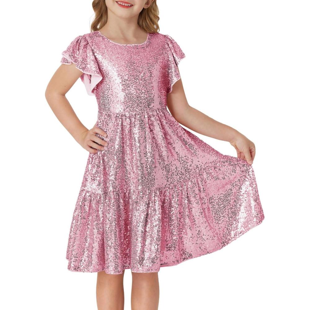 imageGRACE KARIN Girls Formal Party Dress Sequin Birthday Fancy Dresses Wedding Guest Dance Ruffle Dress Size 614Pink