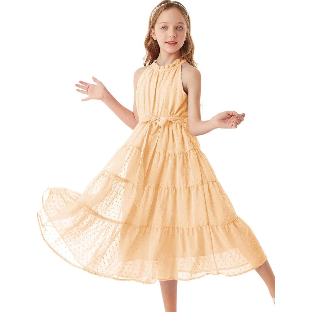 imageGRACE KARIN Girls Halter Neck Dress Sleeveless Casual Aline Flowy Summer Maxi Dress for 514 YearsApricot