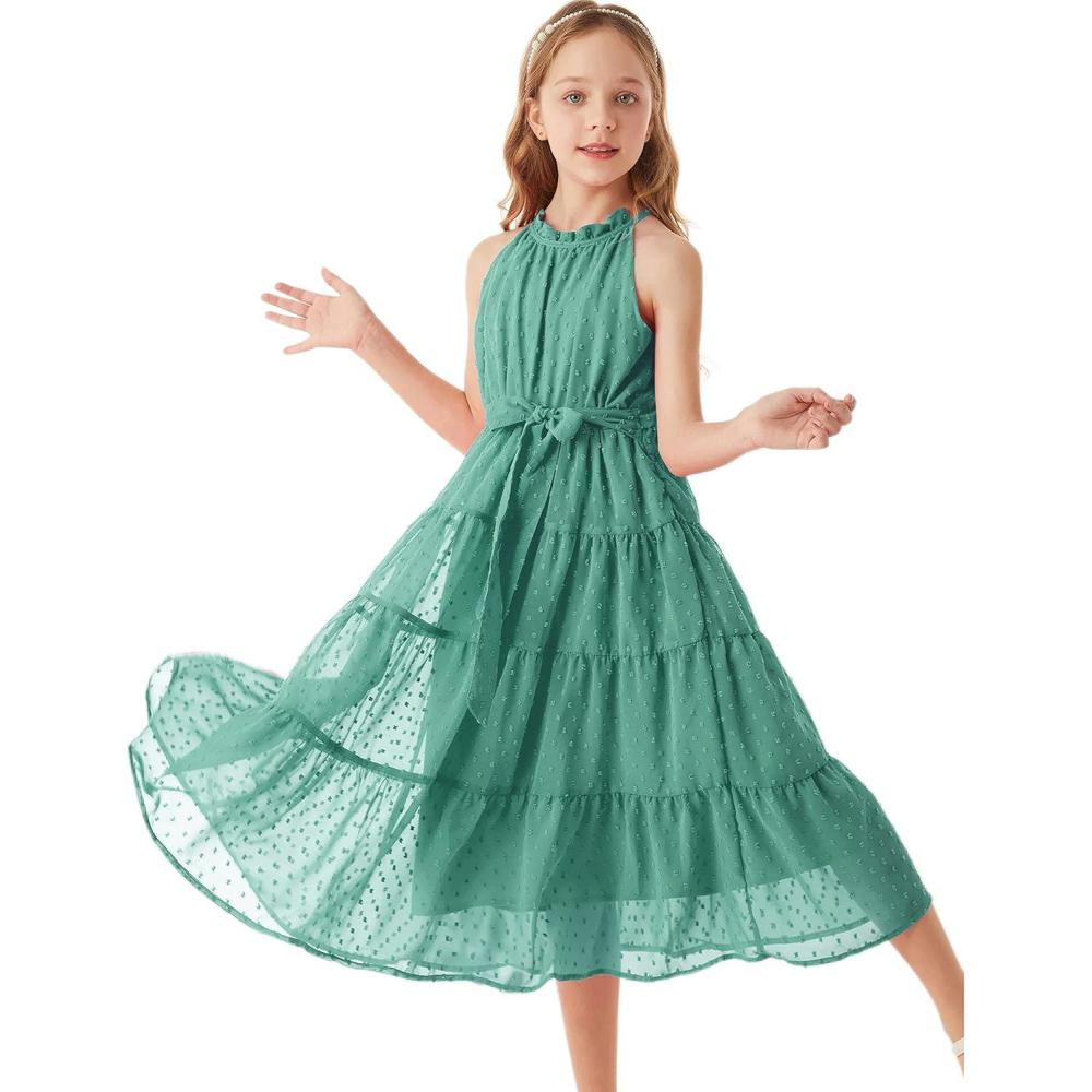 imageGRACE KARIN Girls Halter Neck Dress Sleeveless Casual Aline Flowy Summer Maxi Dress for 514 YearsBlue Green