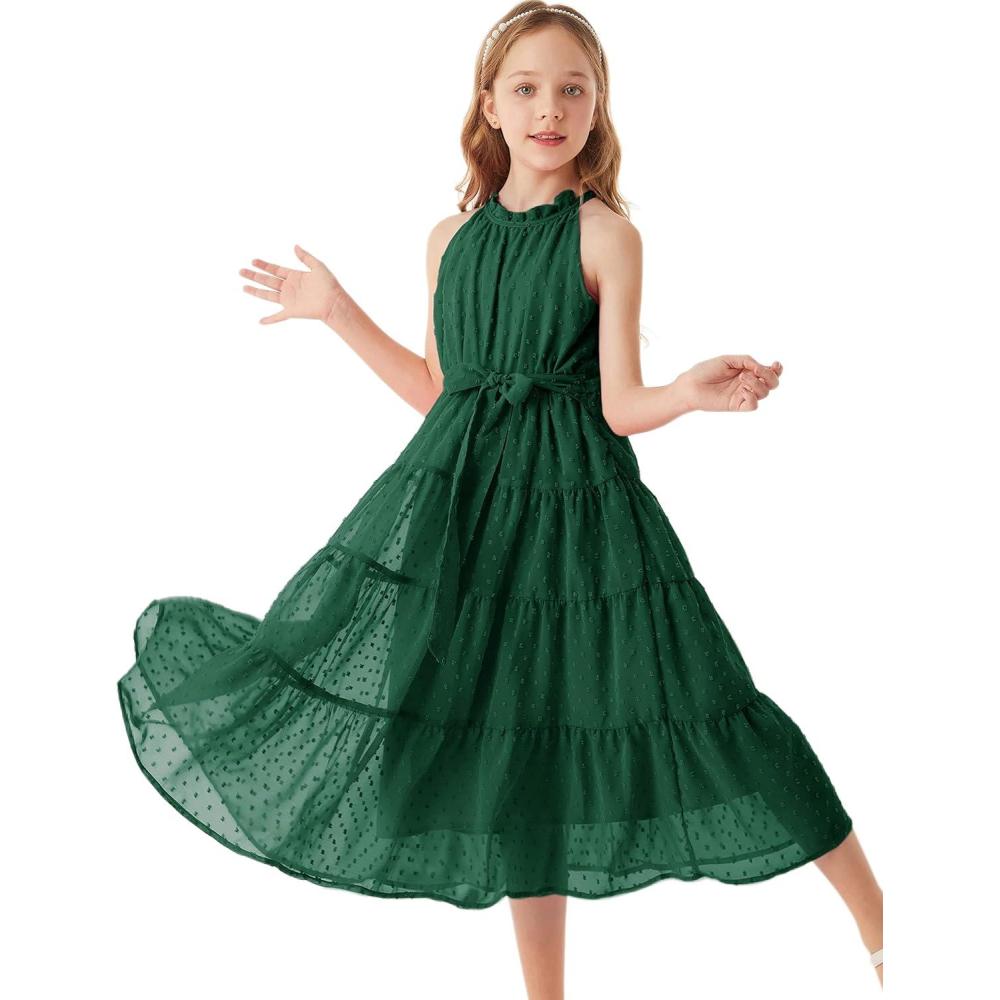 imageGRACE KARIN Girls Halter Neck Dress Sleeveless Casual Aline Flowy Summer Maxi Dress for 514 YearsGreen
