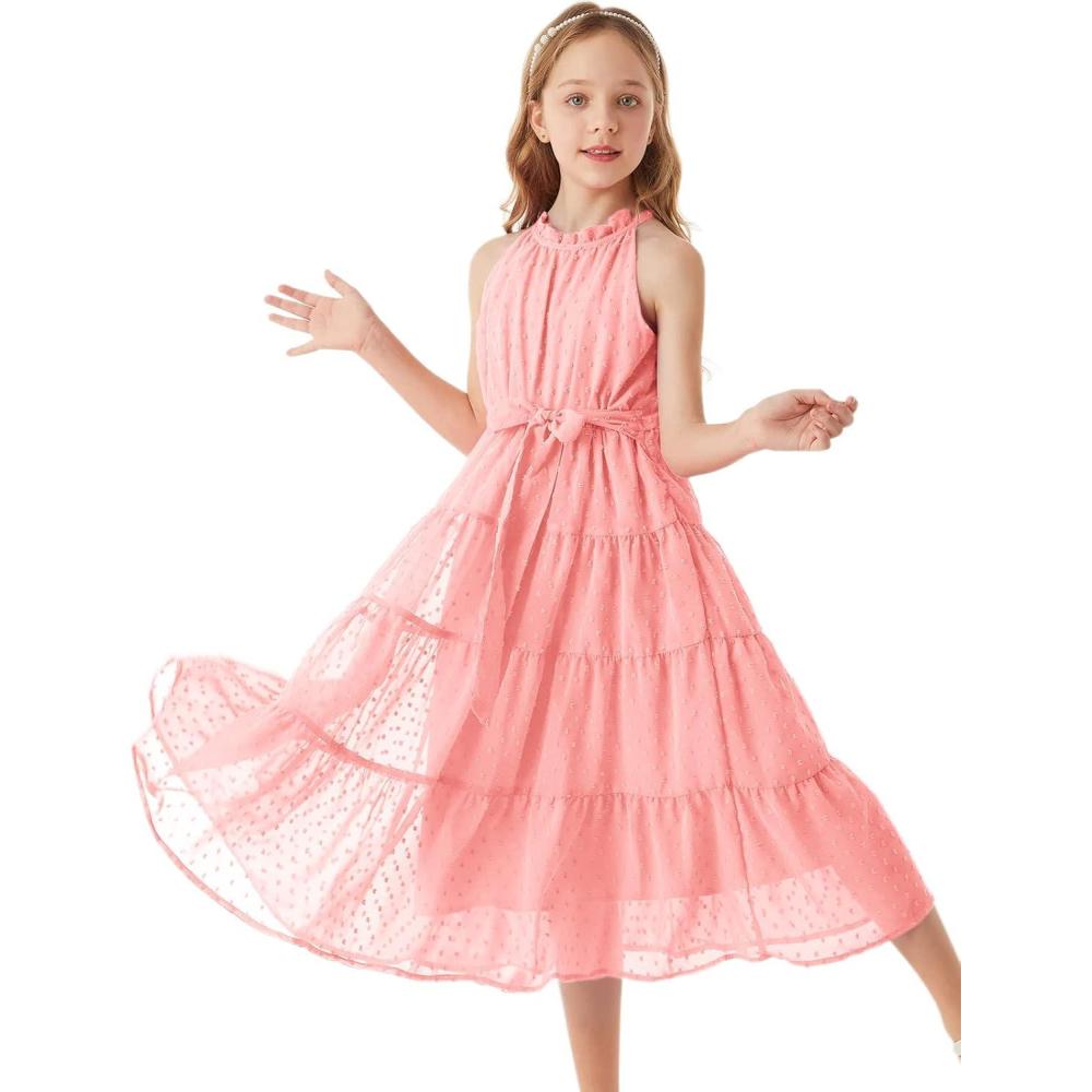 imageGRACE KARIN Girls Halter Neck Dress Sleeveless Casual Aline Flowy Summer Maxi Dress for 514 YearsLight Pink