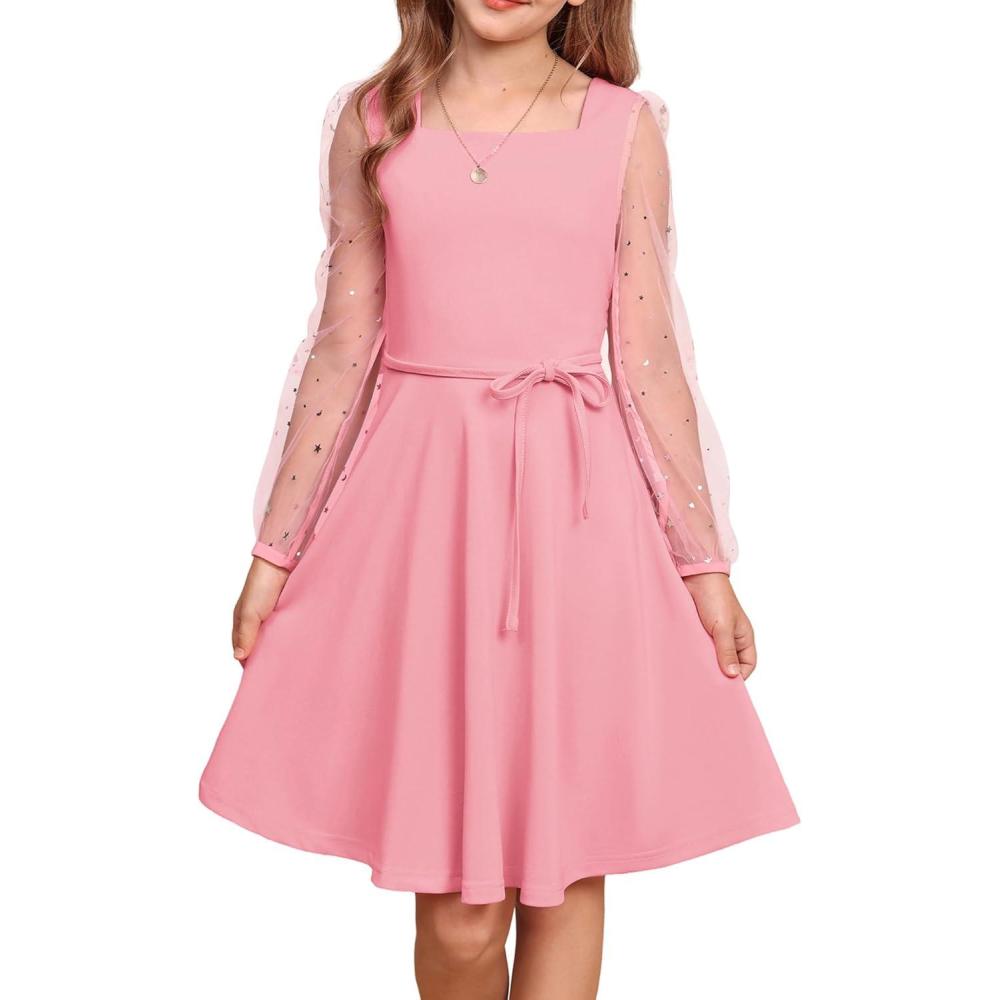 imageGRACE KARIN Girls Long Sleeve Dress Party Formal Contrast Mesh Puff High Waist Tie Square Neck 612 YearsPink