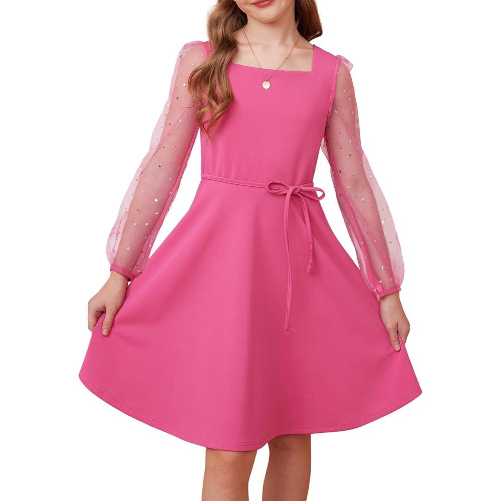 imageGRACE KARIN Girls Long Sleeve Dress Party Formal Contrast Mesh Puff High Waist Tie Square Neck 612 YearsRose Red