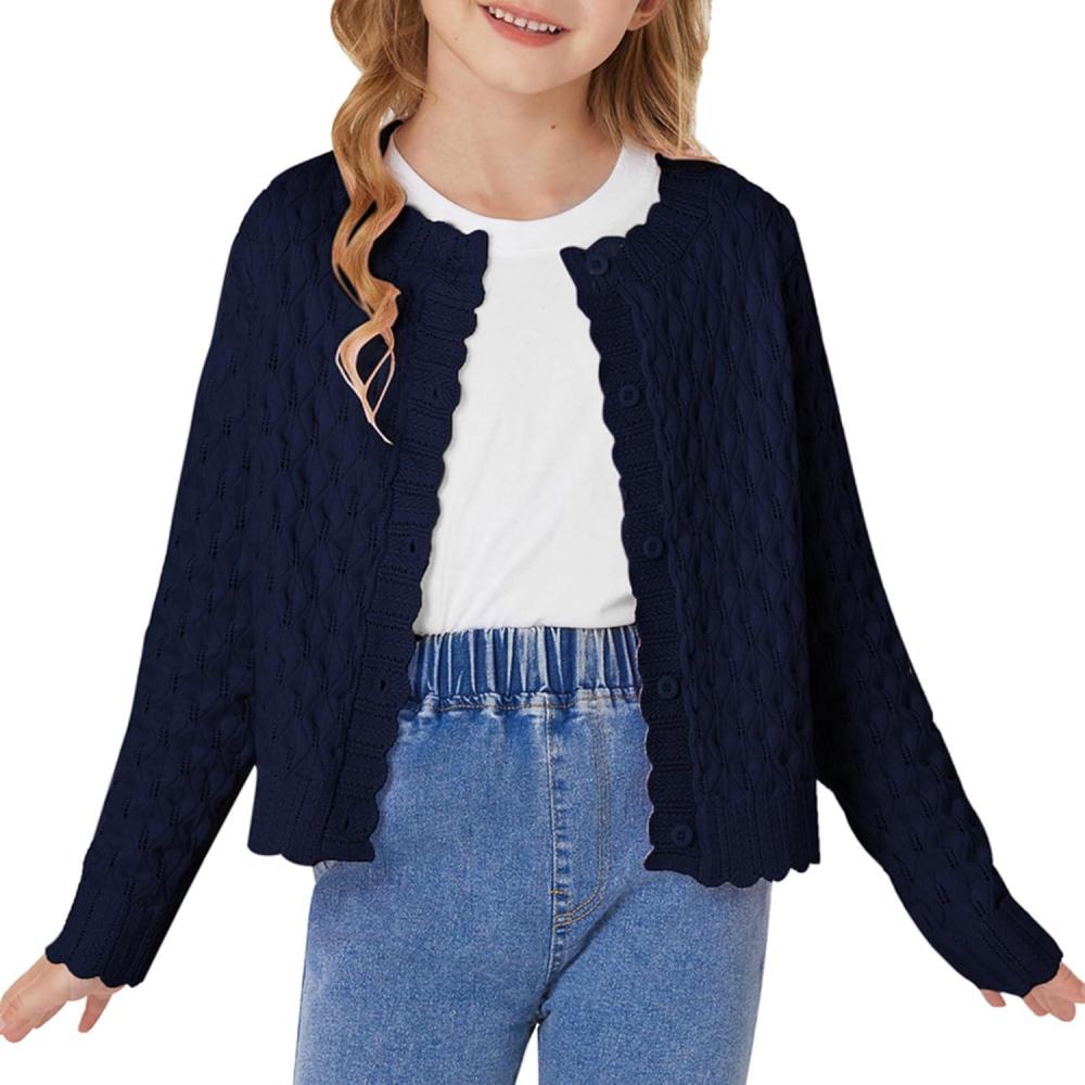imageGRACE KARIN Girls Long Sleeve Sweater Cardigan Kids Cropped Cable Knit Button Front Sweaters 613YNavy Blue