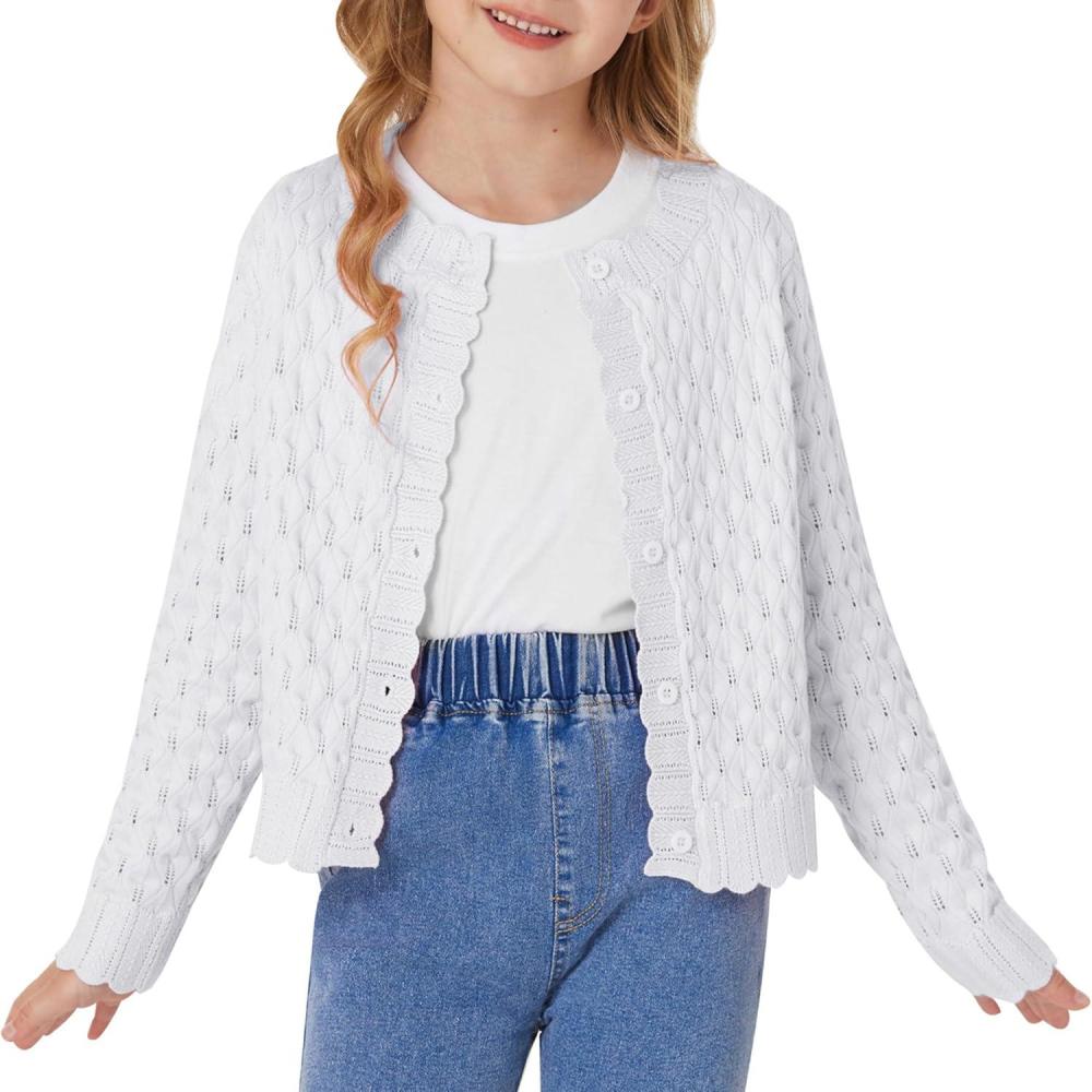 imageGRACE KARIN Girls Long Sleeve Sweater Cardigan Kids Cropped Cable Knit Button Front Sweaters 613YWhite