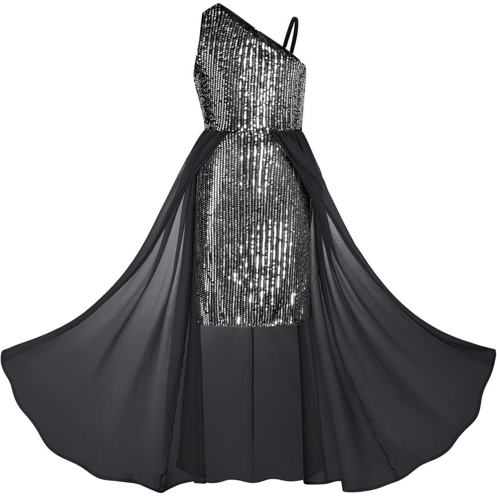 imageGRACE KARIN Girls Sequin Formal Dress Sequin Pageant Wedding Guest Dresses Birthday Fancy One Shoulder Dress Size 614Black Silver
