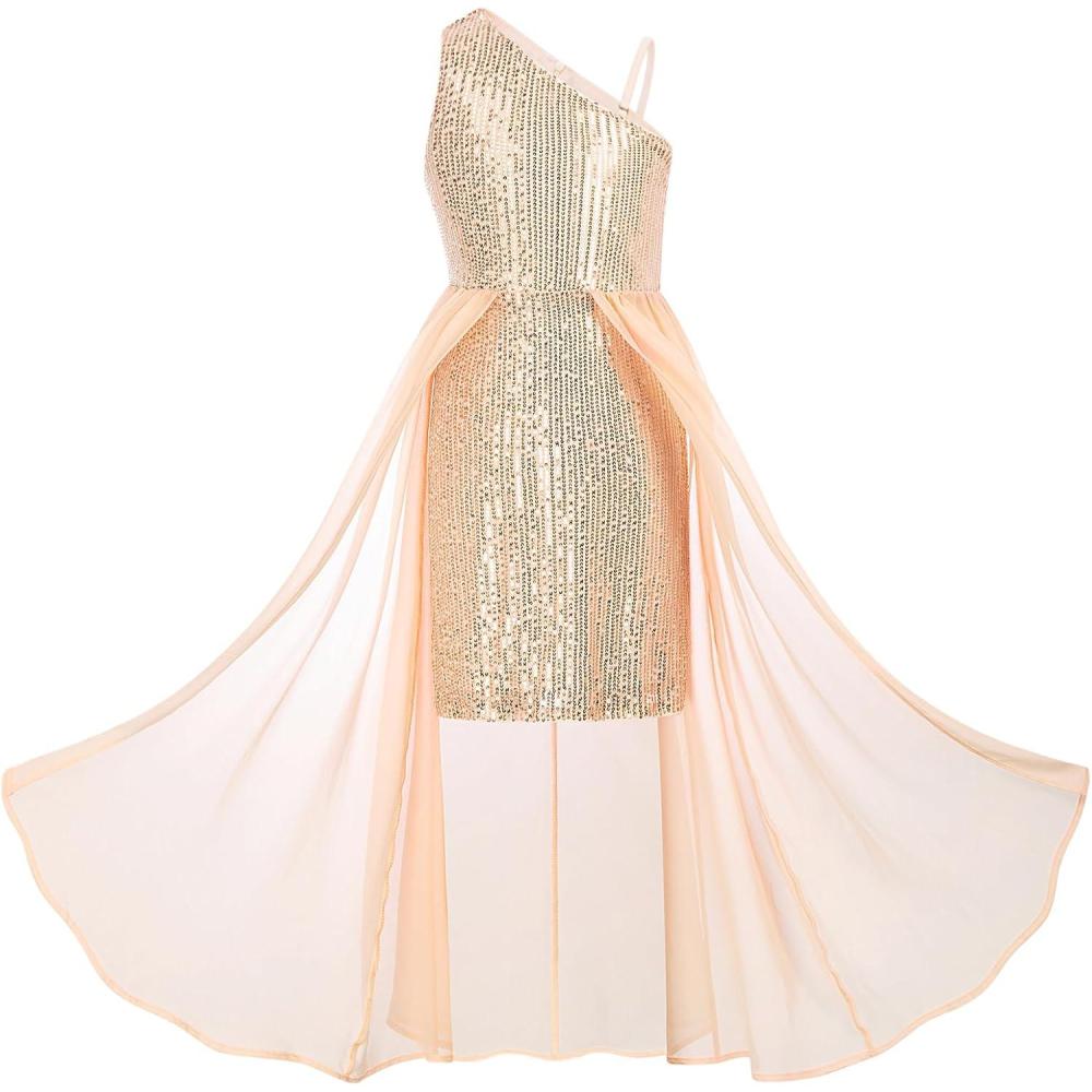 imageGRACE KARIN Girls Sequin Formal Dress Sequin Pageant Wedding Guest Dresses Birthday Fancy One Shoulder Dress Size 614Champagne