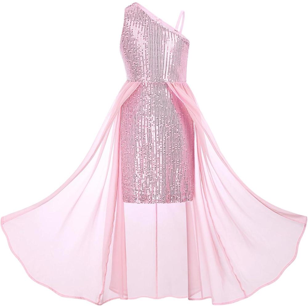 imageGRACE KARIN Girls Sequin Formal Dress Sequin Pageant Wedding Guest Dresses Birthday Fancy One Shoulder Dress Size 614Pink
