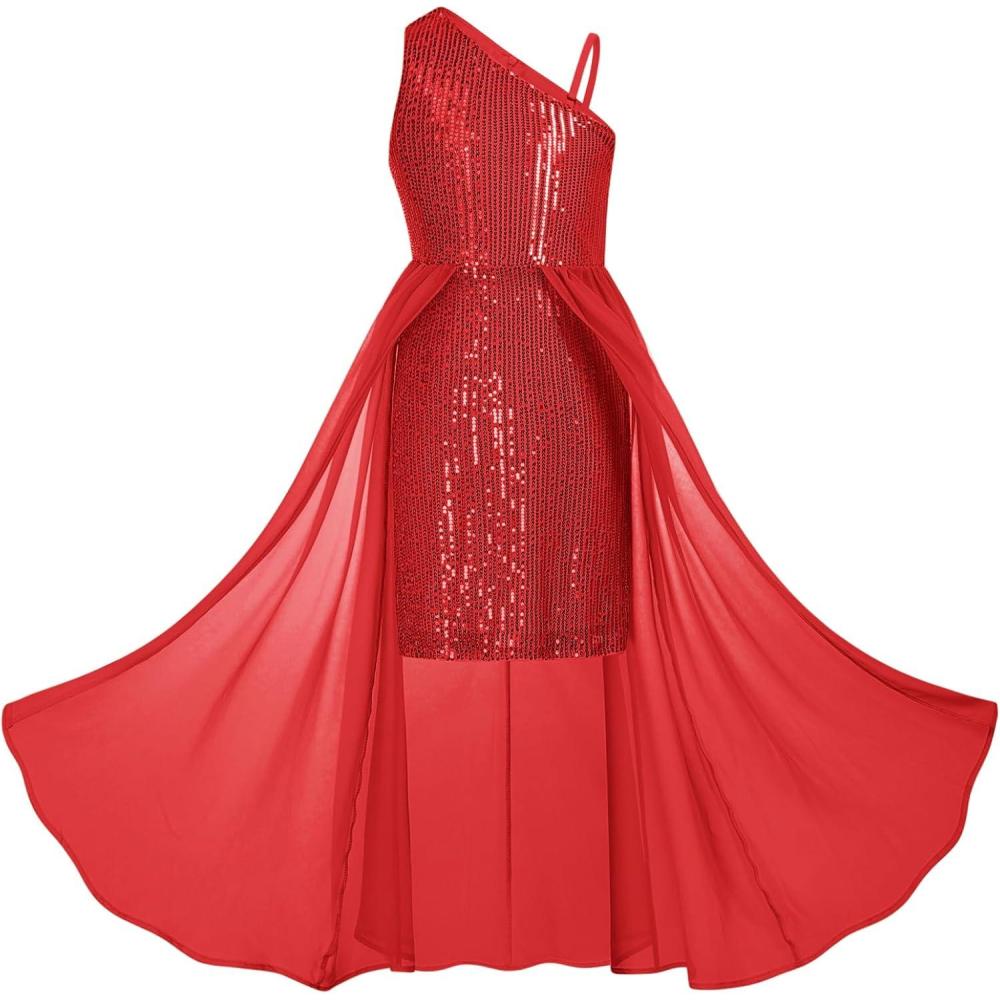 imageGRACE KARIN Girls Sequin Formal Dress Sequin Pageant Wedding Guest Dresses Birthday Fancy One Shoulder Dress Size 614Red