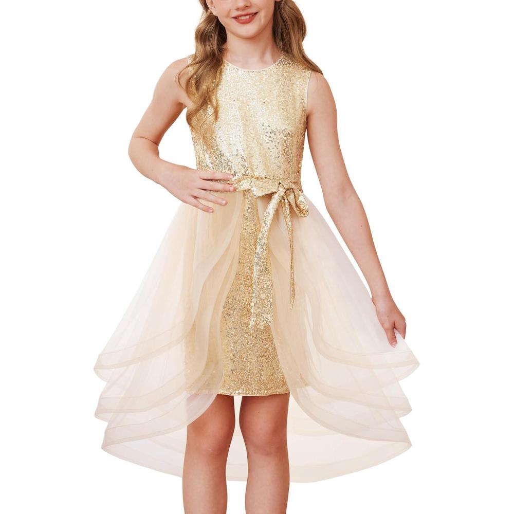 imageGRACE KARIN Girls Sequin Party Dress Sparkle Formal Birthday Pageant Prom ThreeLayer Tulle Midi Dress Size 512YChampagne Gold