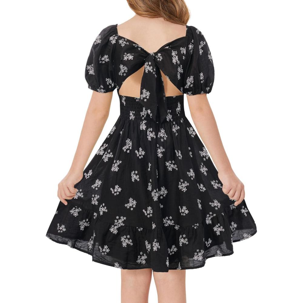 imageGRACE KARIN Girls Summer Tie Back Dress Square Neck Lantern Sleeve Ruffle Hem Elegant Dresses for 714 YearsBlack