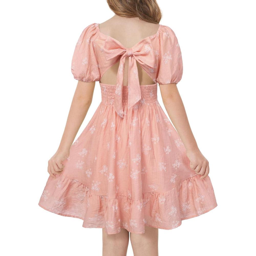 imageGRACE KARIN Girls Summer Tie Back Dress Square Neck Lantern Sleeve Ruffle Hem Elegant Dresses for 714 YearsOrange Pink