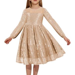 GRACE KARIN Girl Sequin Party Dress Formal Birthday Pageant Fancy Prom Mesh Dresses for Teen Girl 6-14Years(Champagne Gold)