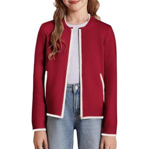 GRACE KARIN Girls Cardigan Knit Zip Uniform Sweater School Winter with Pockets 6-14Y(Maroon)