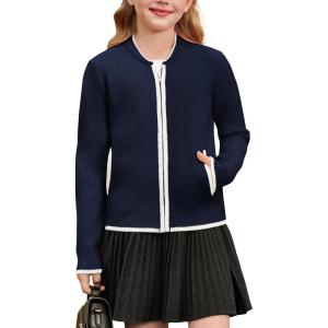 GRACE KARIN Girls Cardigan Knit Zip Uniform Sweater School Winter with Pockets 6-14Y(Navy Blue)
