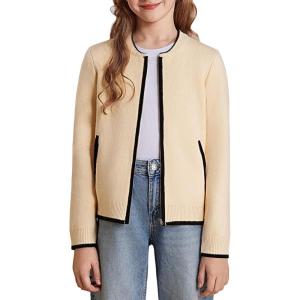 GRACE KARIN Girls Cardigan Knit Zip Uniform Sweater School Winter with Pockets 6-14Y(White)