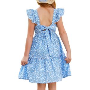 GRACE KARIN Girls Floral Dress Tie Back Flutter Sleeves Casual Summer Dress for 5-12Y(Blue Floral)