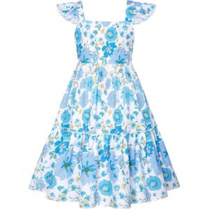 GRACE KARIN Girls Floral Dress Tie Back Flutter Sleeves Casual Summer Dress for 5-12Y(Blue Flowers)
