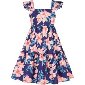 GRACE KARIN Girls Floral Dress Tie Back Flutter Sleeves Casual Summer Dress for 5-12Y(Dark Blue Floral)